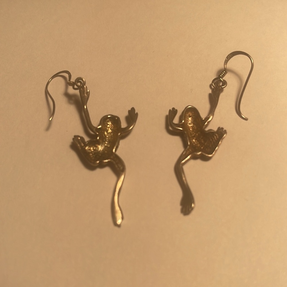 Silver Leaping Frog Dangle Earrings - image 2